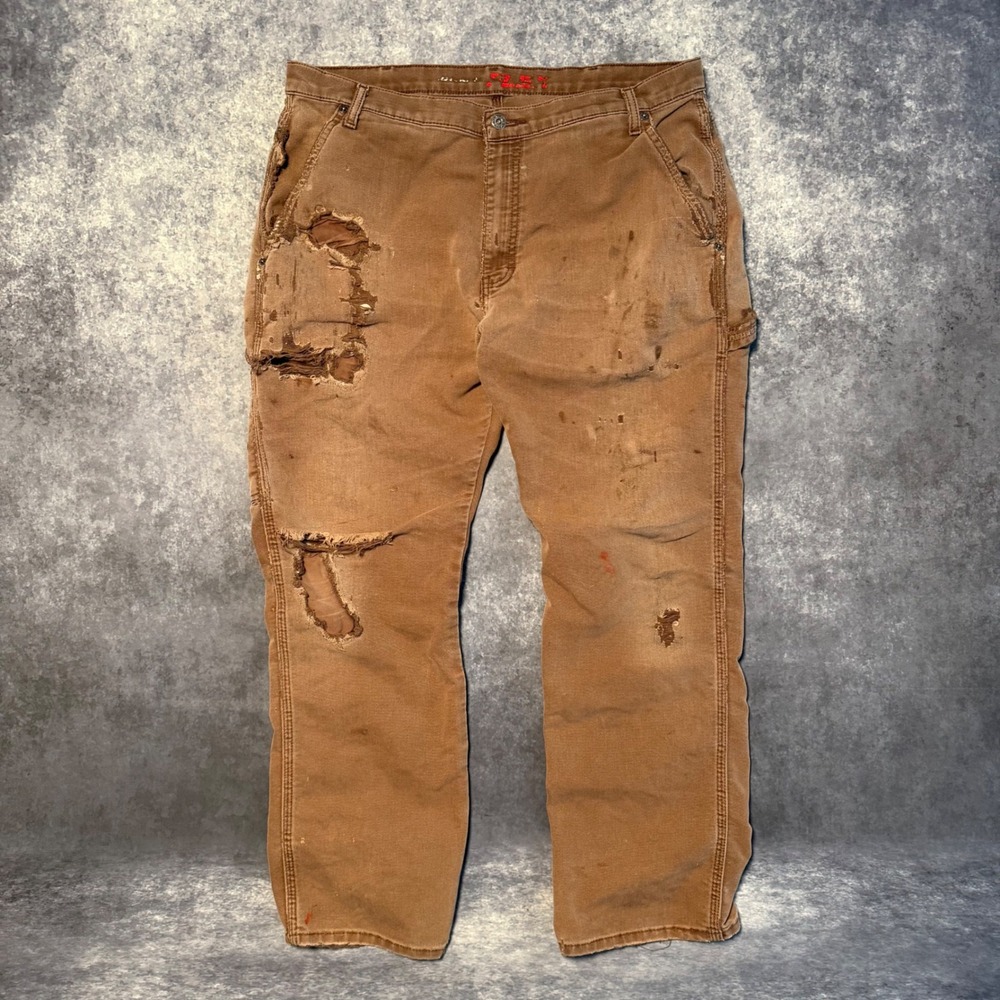 Dickies Flex Duck Carpenter Pants Mens 36x30 Brown Distressed Work Wear Thrashed